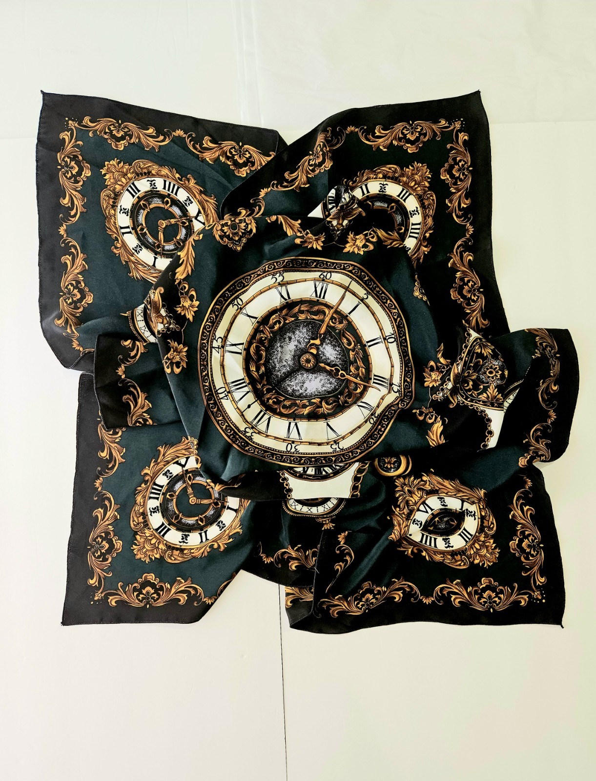 Vtg Peacock Trading Co Scarf 36" Sq Deep Green Gold W Clocks KOREA Silky Soft