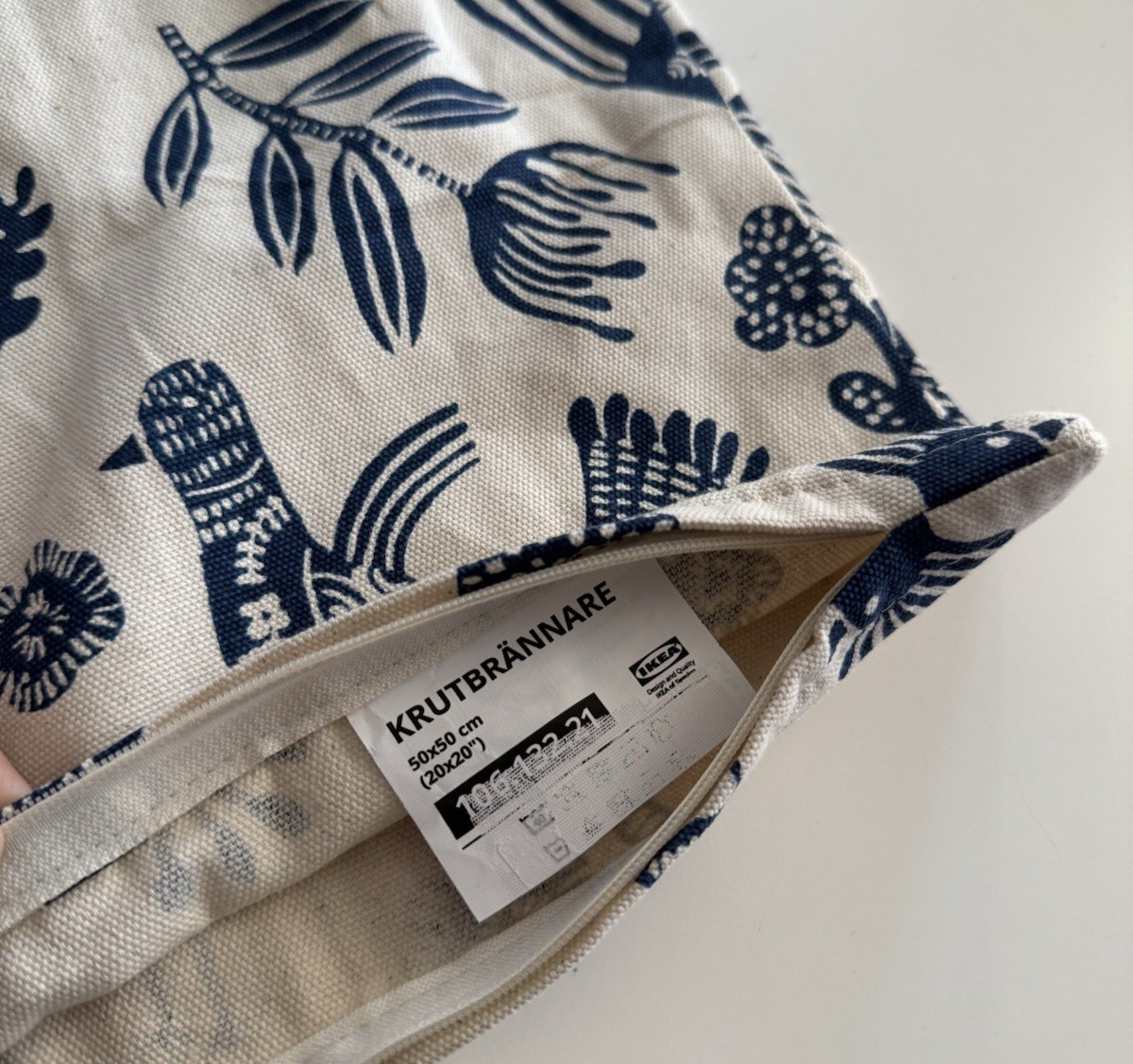 IKEA KRUTBRANNARE Cushion Cover, Natural/Blue, Birds Floral Pattern 20x20"