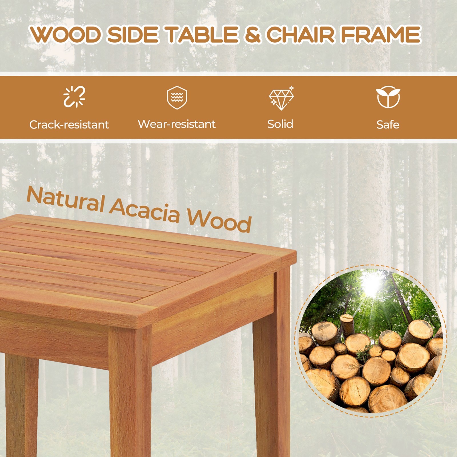 3PCS Patio Acacia Wood Rattan Bistro Set Outdoor Conversation Furniture Set