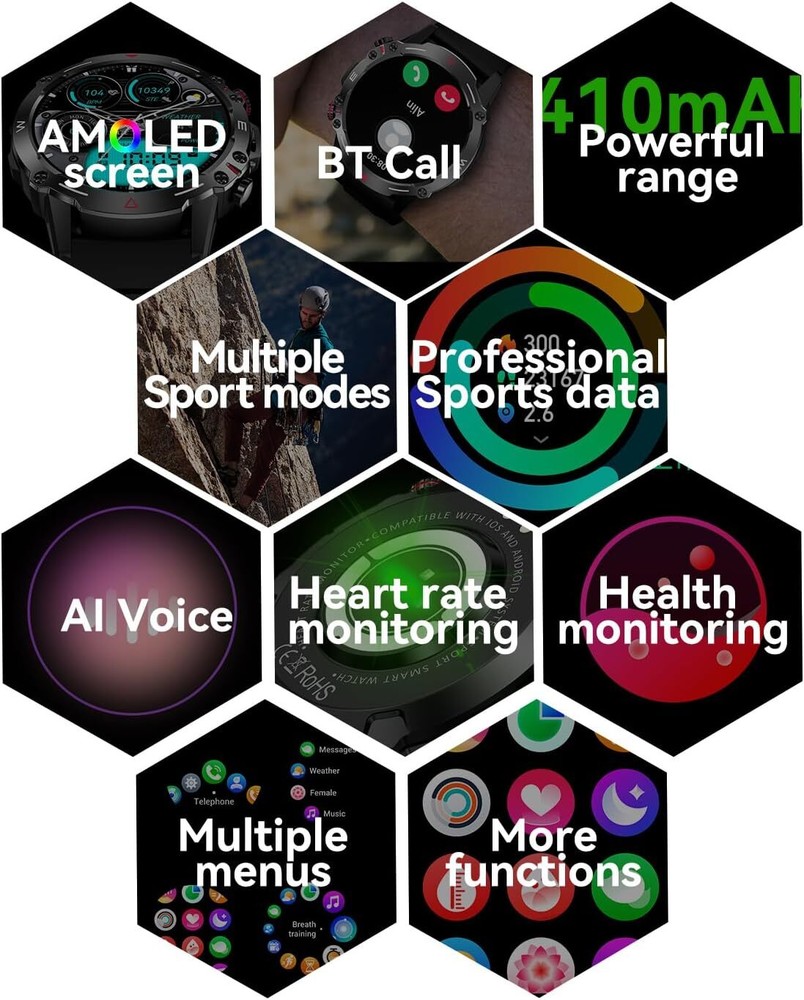 Smart Watch Bluetooth Call 1.43" AMOLED NFC IP68 HR SpO2 Sleep iOS Android
