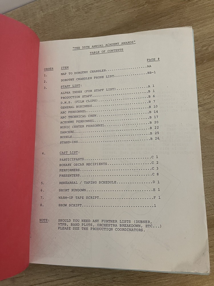 59th ACADEMY AWARDS Production Script Original Oscars - FINAL DRAFT 1987