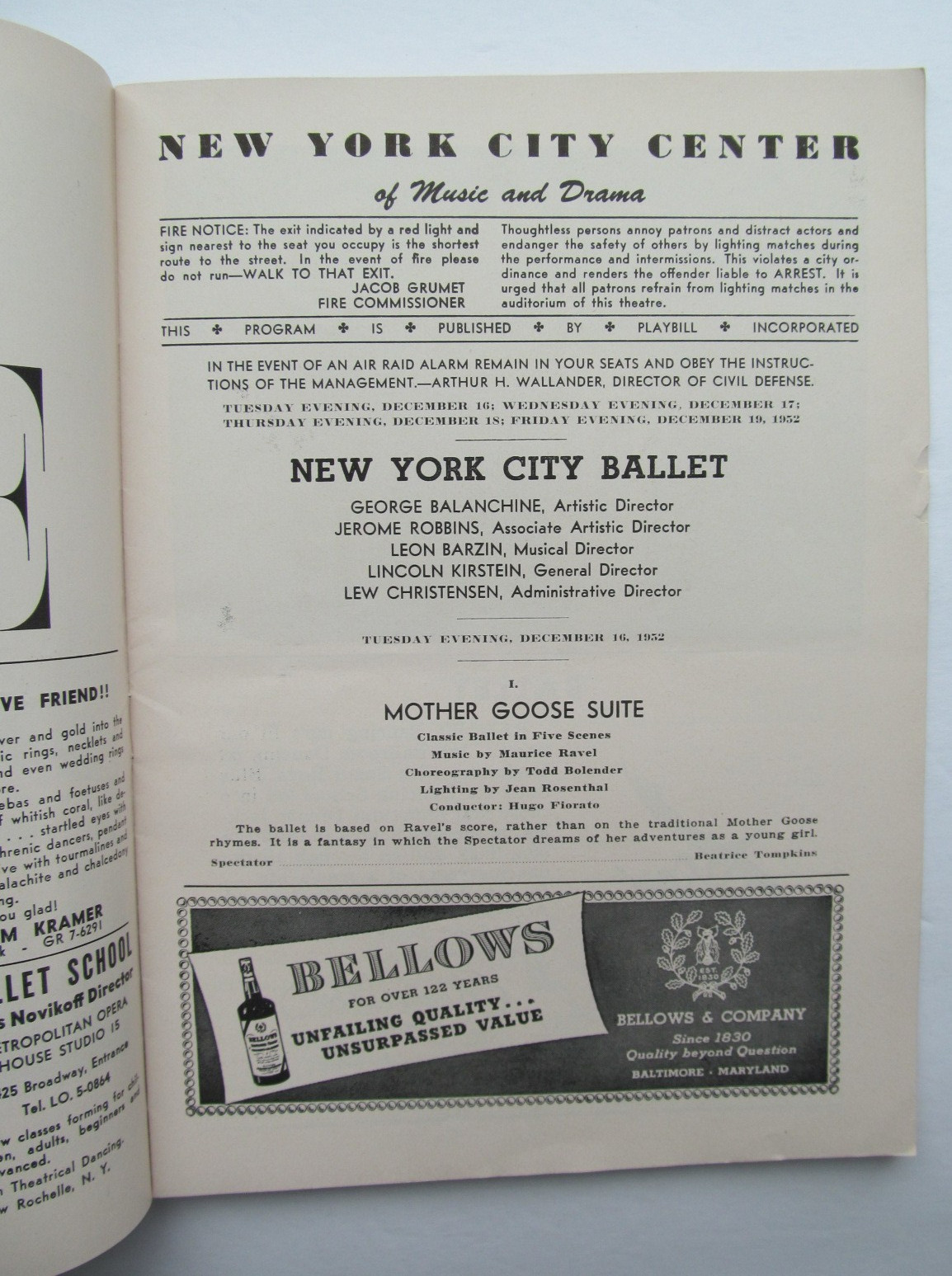 New York City Ballet Program - 1952 - Tallchief, Le Clercq, Balanchine, Robbins