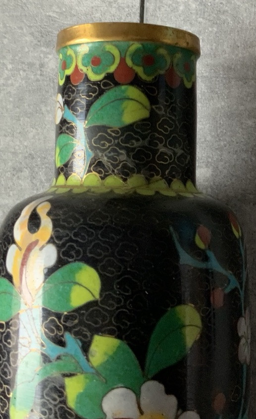 Lot Of 4 CLOISONNE Noir Enamel On Brass Variety Shapes Vases Vintage & Antique