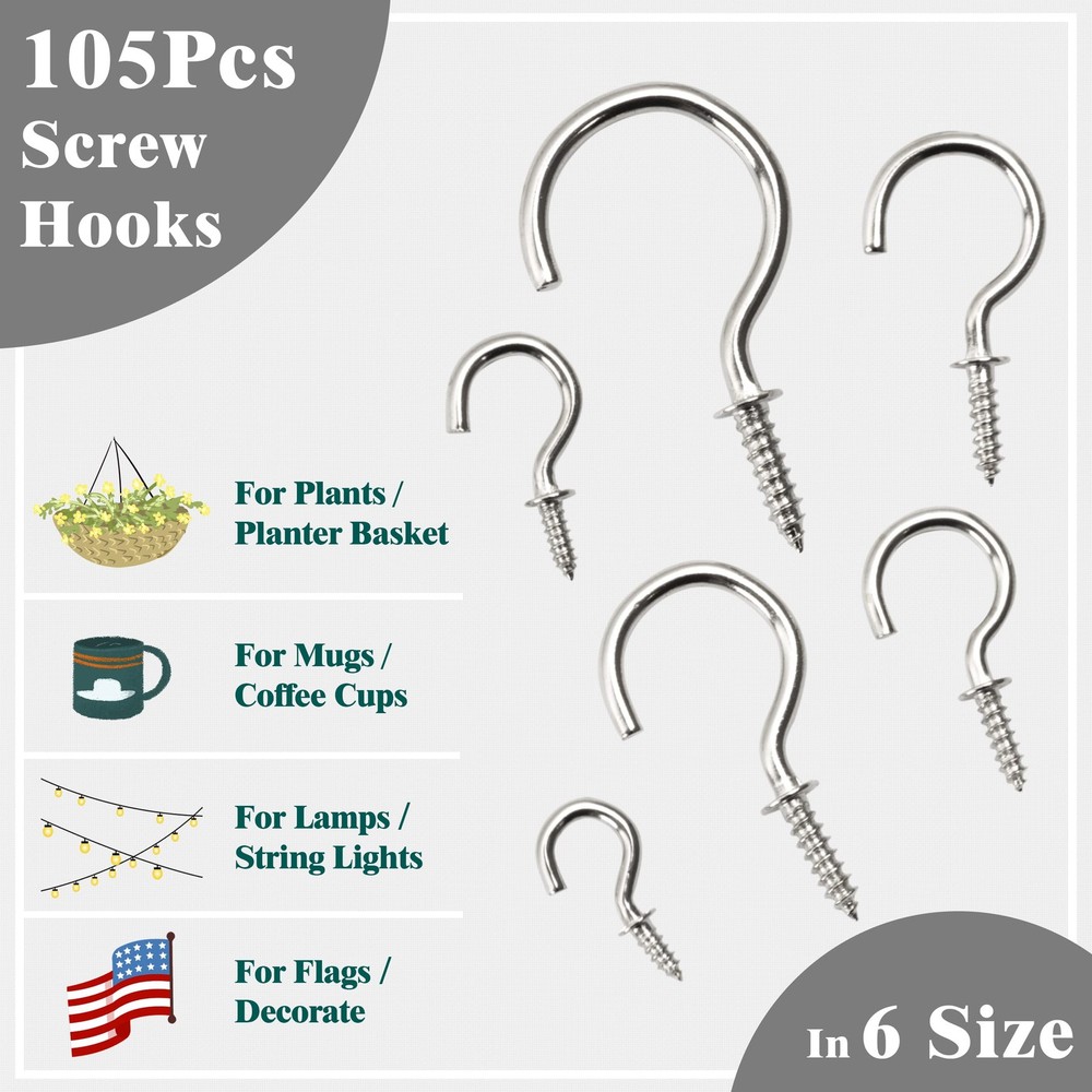EIENHOSHI 105 Pcs Screw Hooks, 6 Sizes Silver Cup in