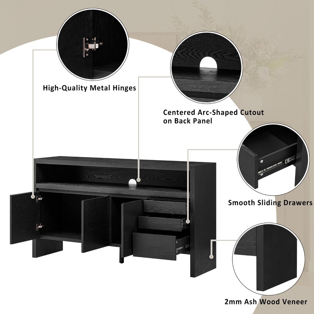 60" Modern Solid Ash Veneer Sideboard (3 Doors+3 Drawers, Semi-Open Shelf