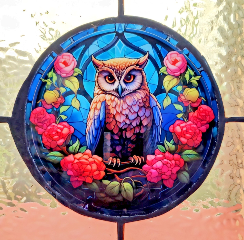 " Owl " -Stained Glass Panel - NEW - Made in USA