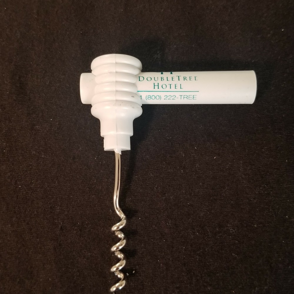 DoubleTree Hotel Corkscrew / Bottle Opener - White Plastic w/ Lt Blue Graphics