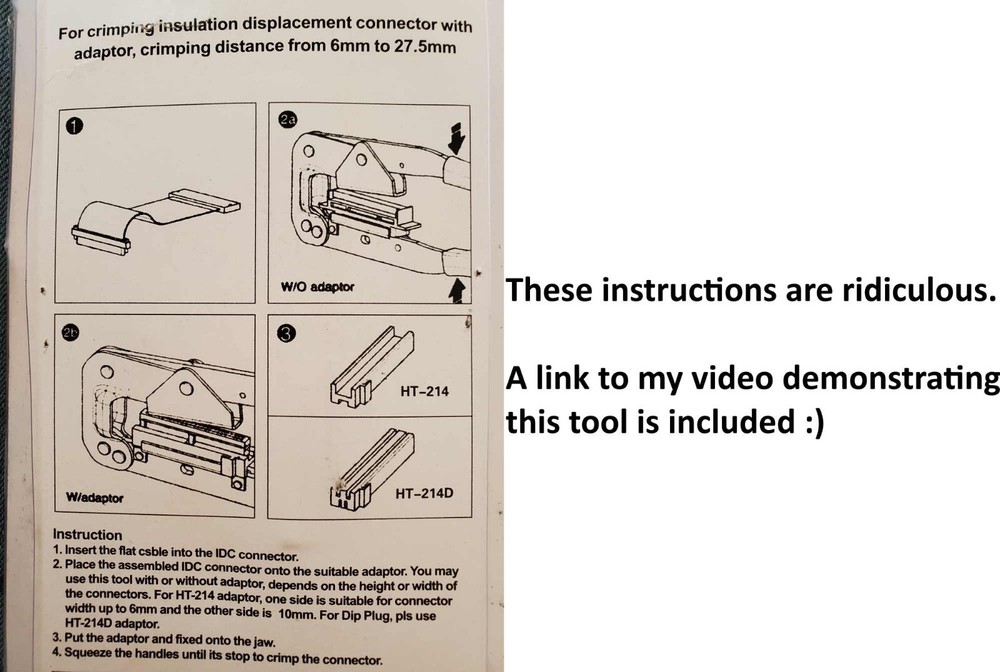 Ribbon Cable Crimp Tool for IDC, Centronics, DB - WITH ADAPTERS and INSTRUCTIONS
