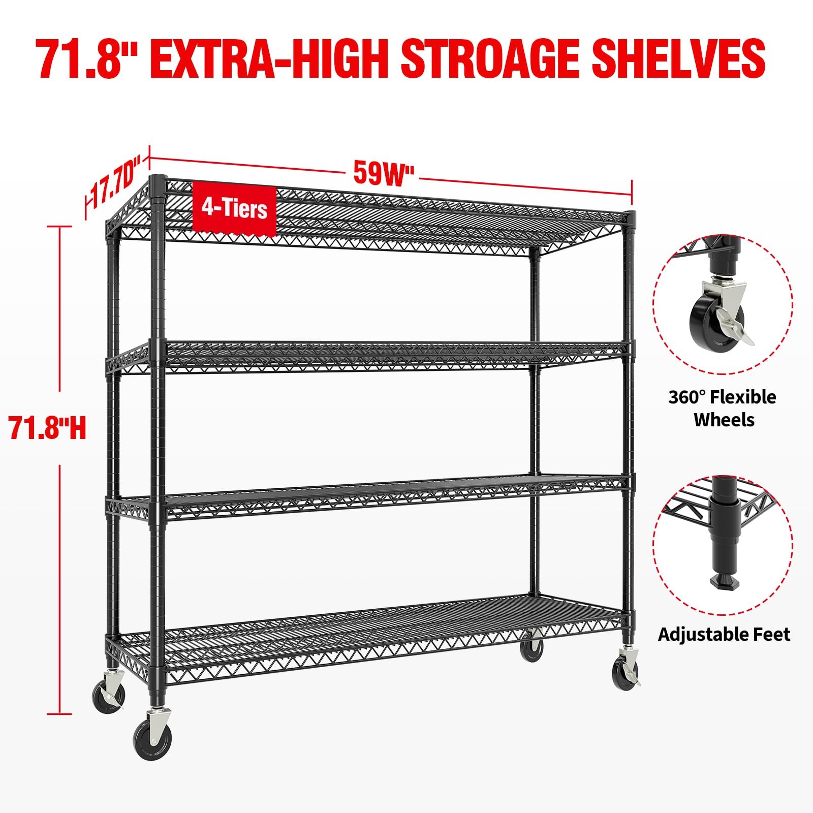 72"x59"x18" 4 Tier Adjustable Wire Metal Shelving Heavy-Duty Storage Unit 2640Lb