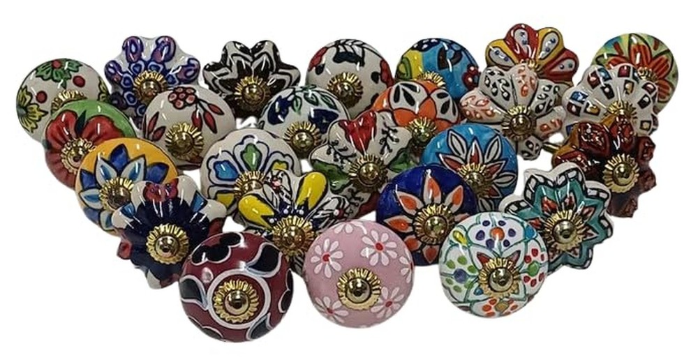 Cabinet Knobs and Pulls - Indian Vintage Pottery Ceramic Kitchen Cupboard Dra...