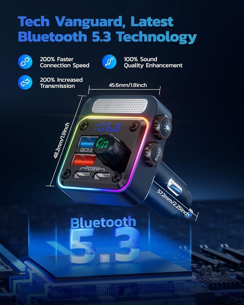 4-Port Bluetooth Car Adapter with FM Transmitter & LED Backlit - 54W Power