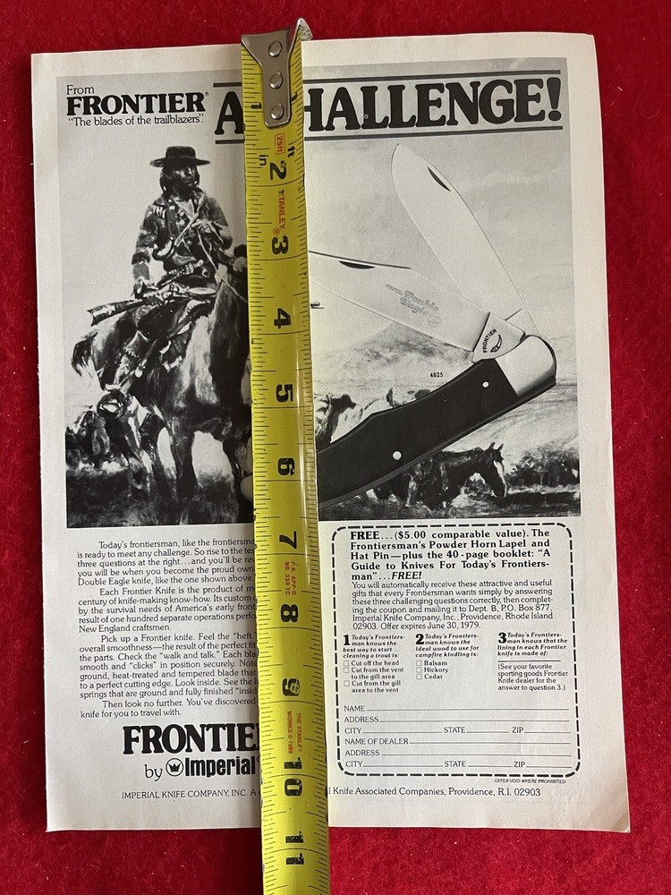 Vintage 1979 Print Ad Frontier Double Eagle Knife Advertisement