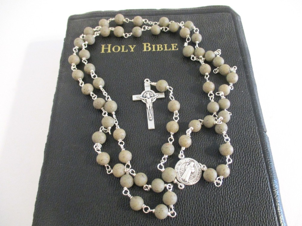 Handmade Gray Granite 5 Decade Catholic Rosary w/Silver St. Benedict Crucifix