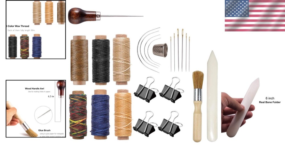 Deluxe Bookbinding Supplies Set - Real Bone Folder & 6 Colored Wax Threads