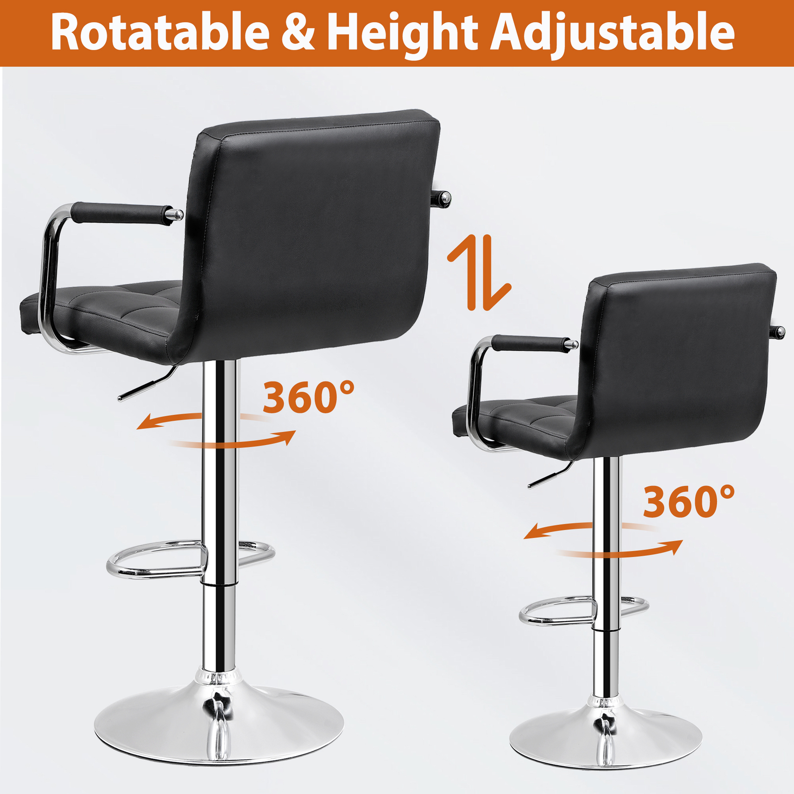 Modern PU Leather Bar Stools Set of 2 Adjustable Swivel Barstools w/ Back & Arms