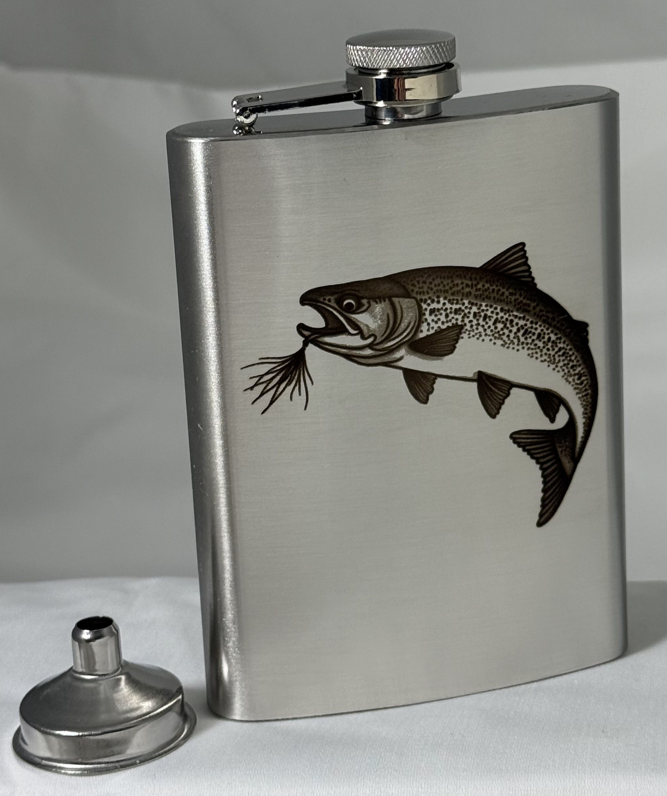 8 oz Stainless Steel Flask – Engraved Trout Fish – Gift for Fishermen – w/Funnel