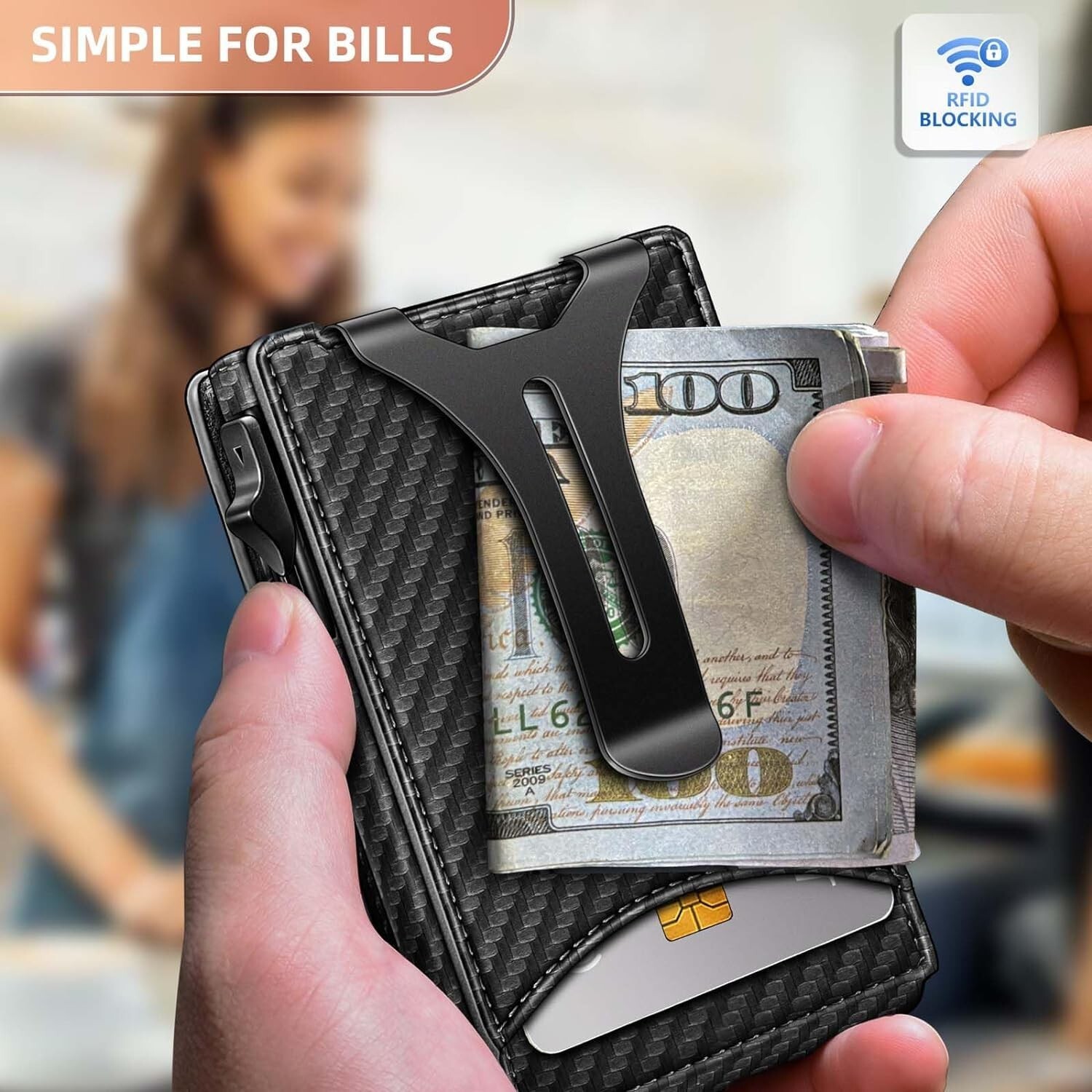 Slim Carbon Fiber Bifold Wallet with RFID Blocking Money Clip