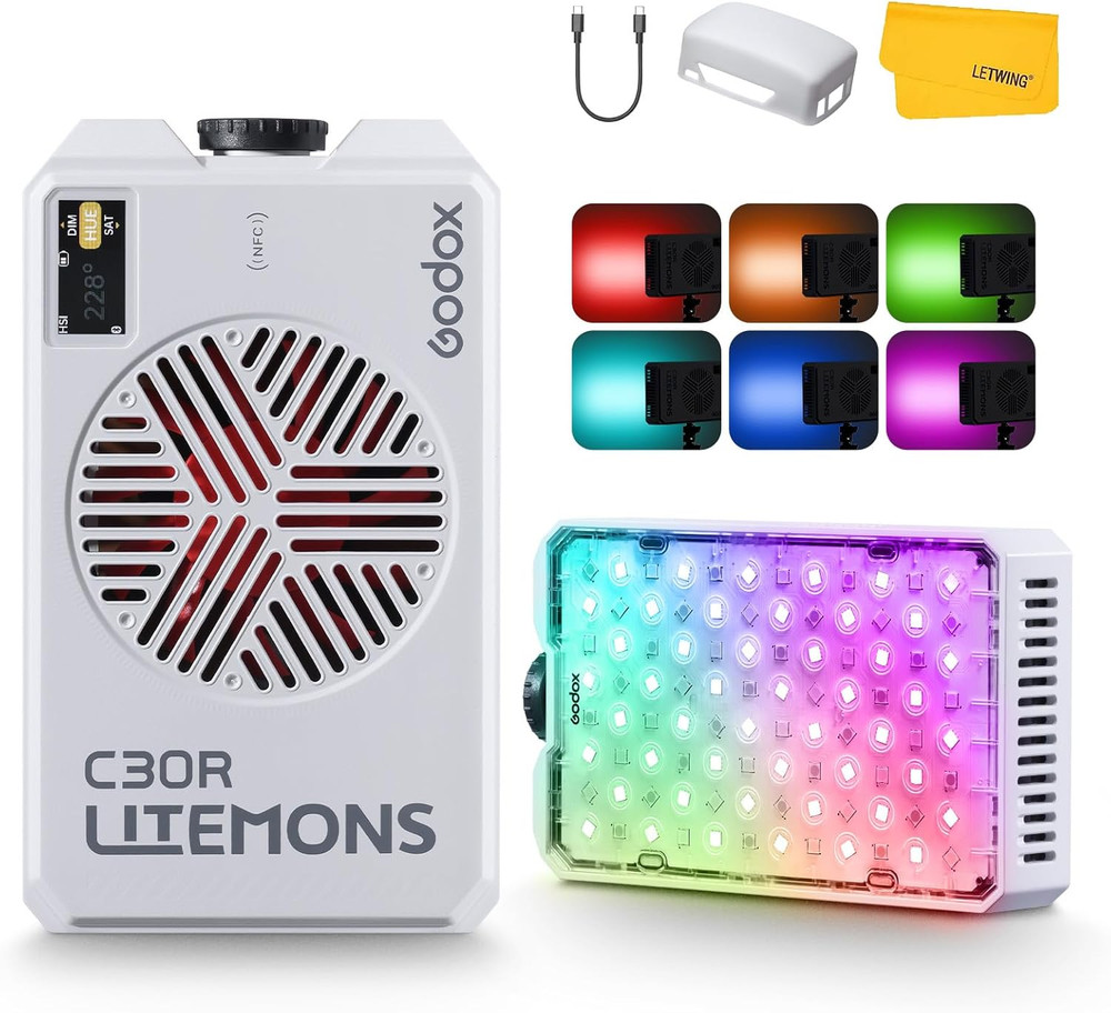 C30R RGB Camera Light Panel 30W, Portable Led Camera Video Light Panel W/Diffusi