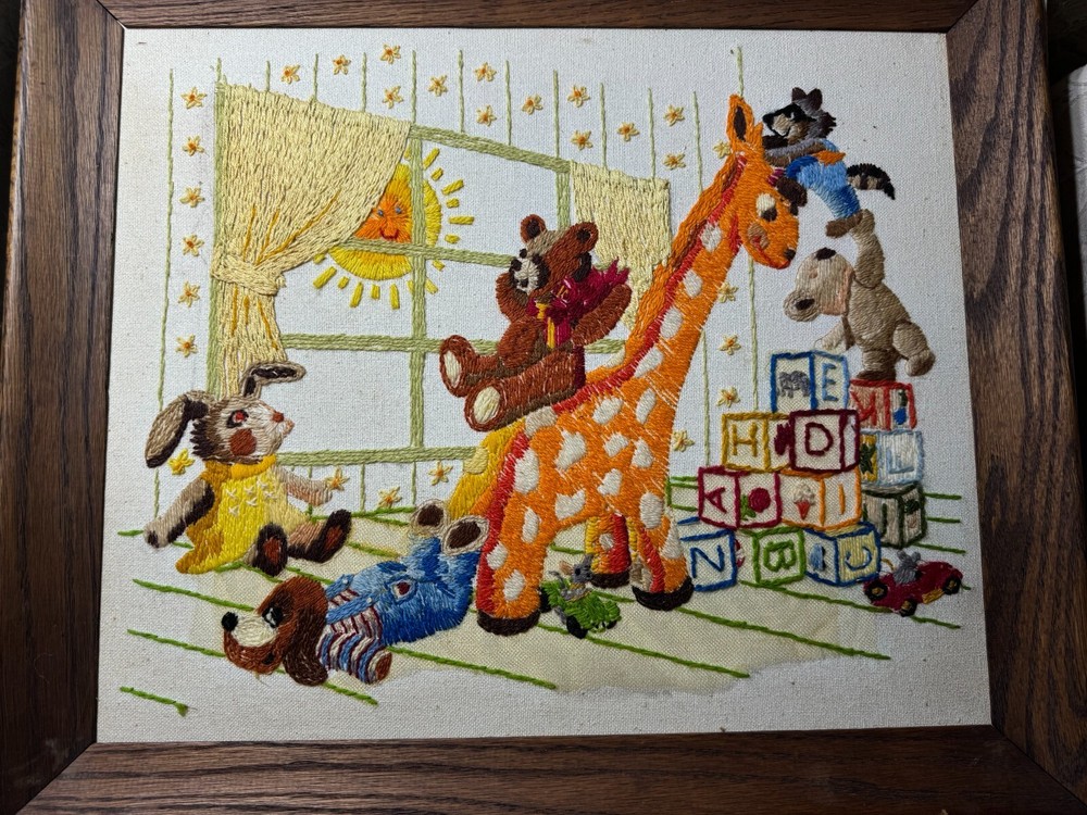 Vintage Needlepoint "A Toy-Themed Nursery Scene" - Framed