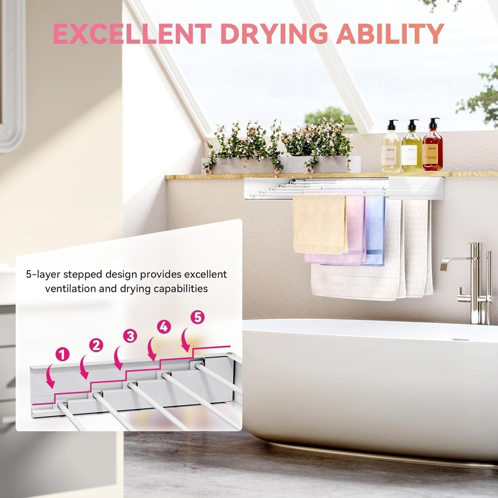 Wall Mounted Clothes Drying Rack Retractable Foldable Laundry Towel Rail White