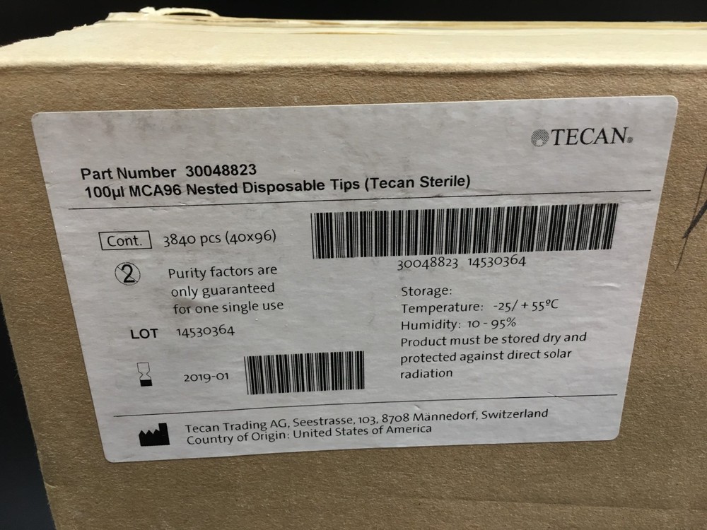 Tecan PN 30048823 Disposable Tips Non Filtered Sterile Nested 8 Stack 100µL