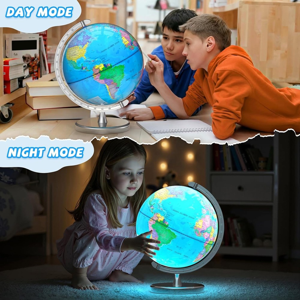 12in Illuminated World Globe Lamp STEM Learning Night Light Metal Base