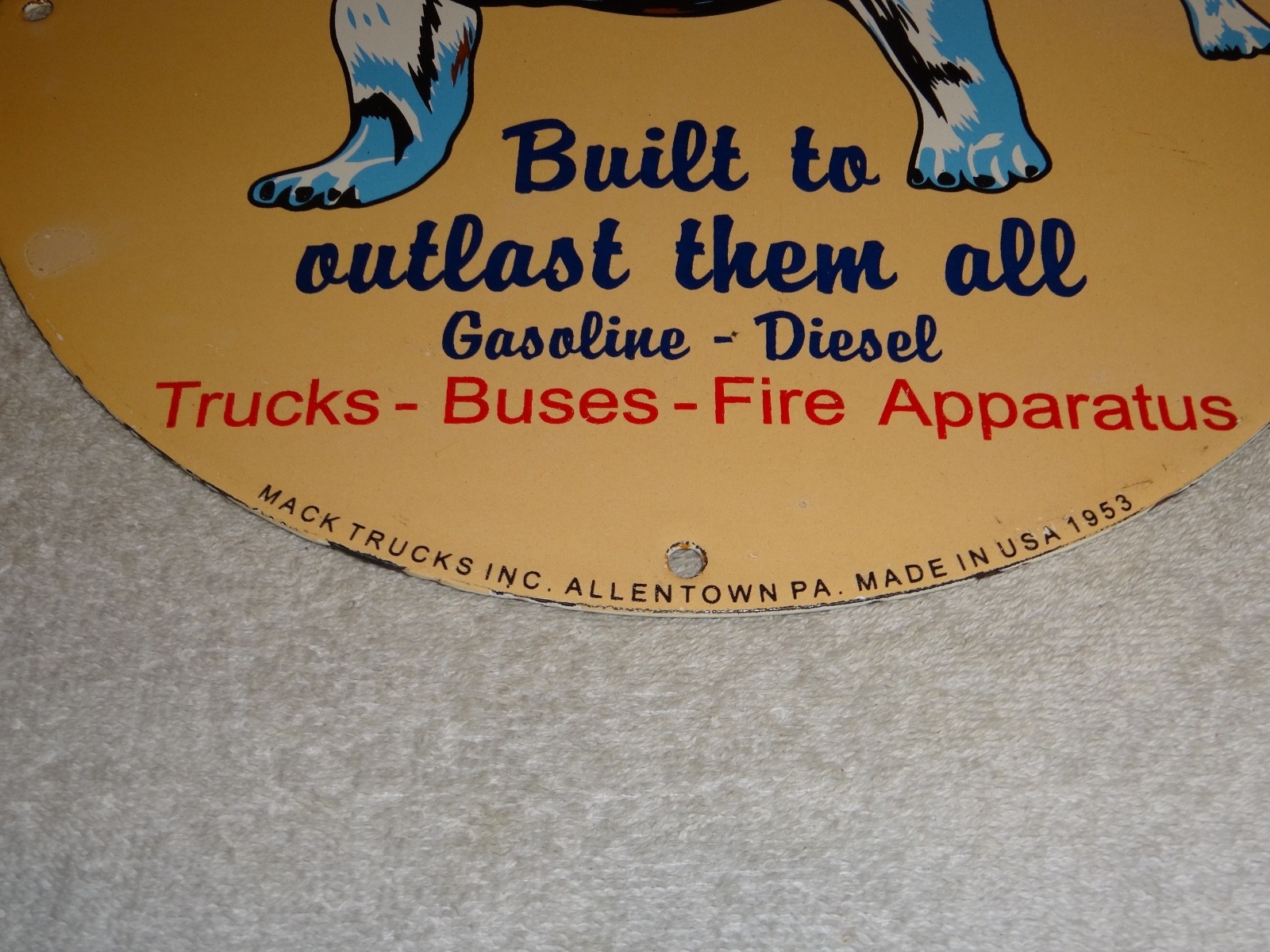 VINTAGE MACK🐶TRUCKS BUSES GASOLINE DIESEL 11 3/4" PORCELAIN METAL OIL DOG SIGN