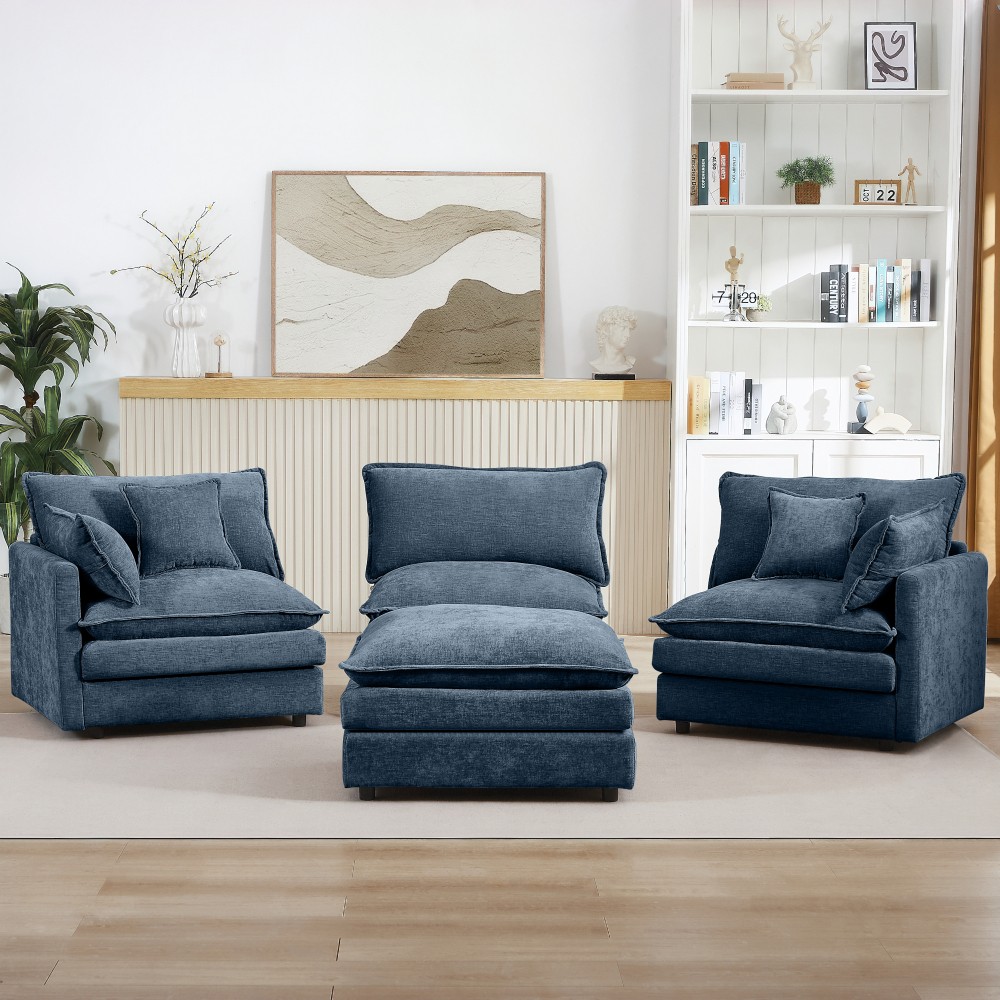 102" L-Shaped Modular Sectional Sofa w/ Ottoman, Chenille, Blue