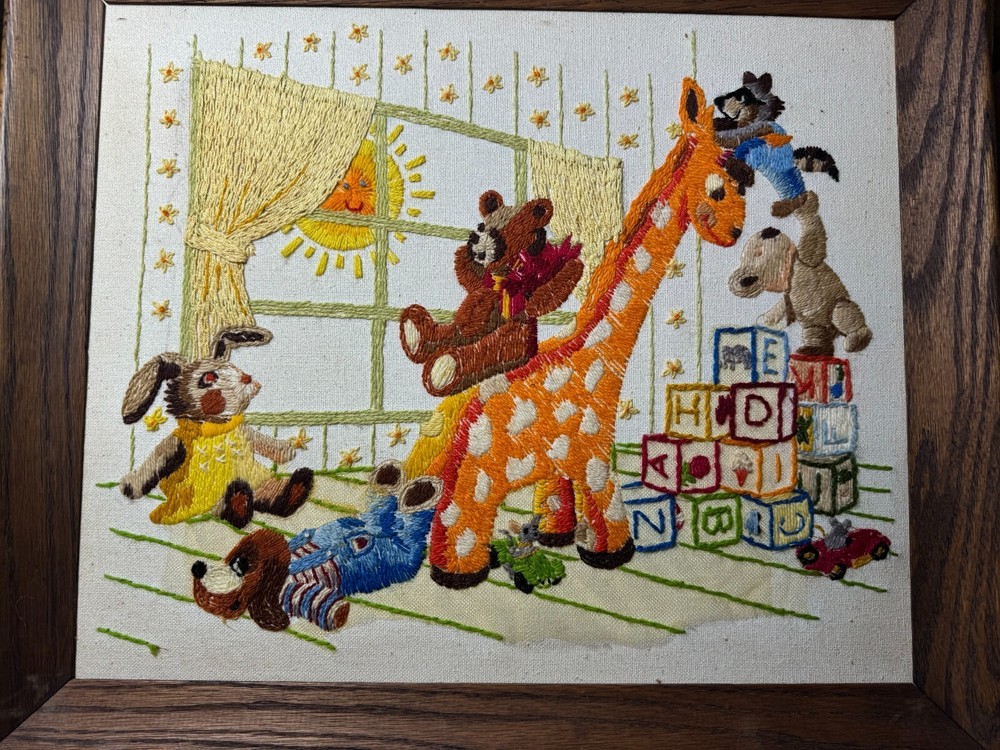 Vintage Needlepoint "A Toy-Themed Nursery Scene" - Framed