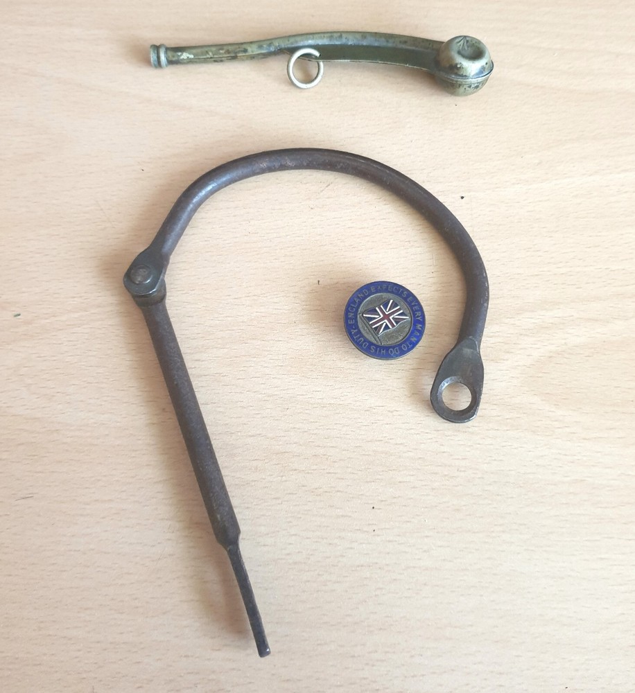 WW2 British RN Matelot's Bosun's Whistle, Duffel Bag Hasp & Lapel Badge 1939-45