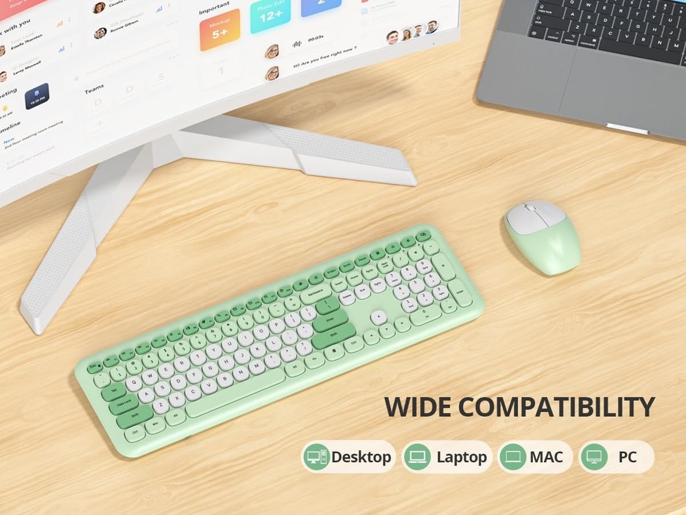 Gradient Green Wireless Keyboard and Mouse Set Retro Typewriter Full Size