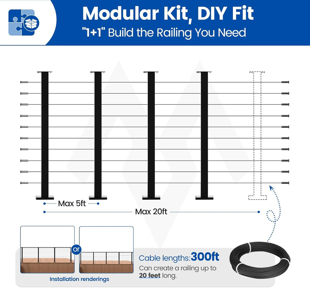 Muzata 15-20FT Modular Black Cable Railing Kit 36 Inch 4 Level Post Kit Complete