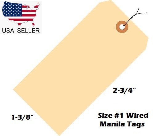 Size 1 Manila Inventory Shipping Hang Tags with Wire 2 3/4" x 1 3/8" Wired Tags