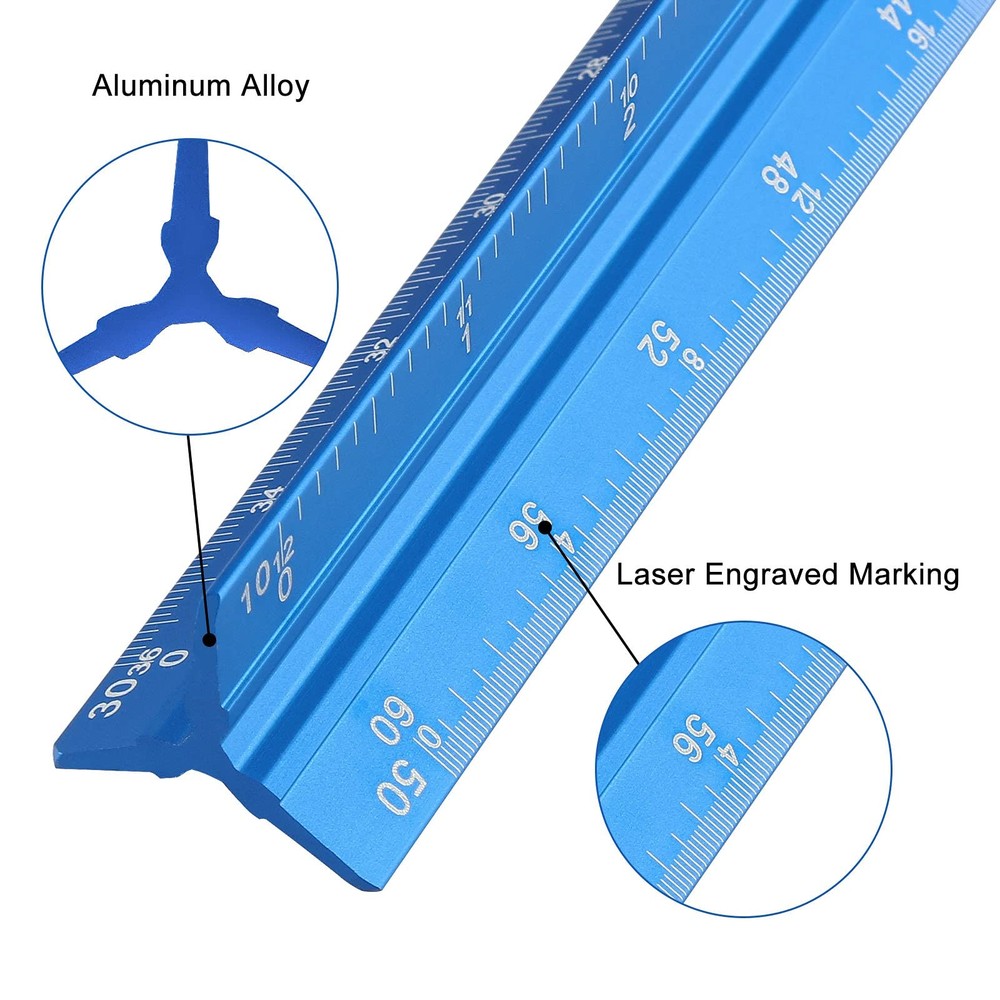 12 Inch Engineer Scale Ruler Aluminum Triangular Drafting Tool Imperial 6 Scales