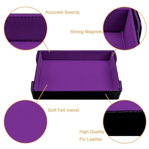 Magnetic Folding Dice Tray Rectangle Dice Rolling Tray PU Leather Dice Violet