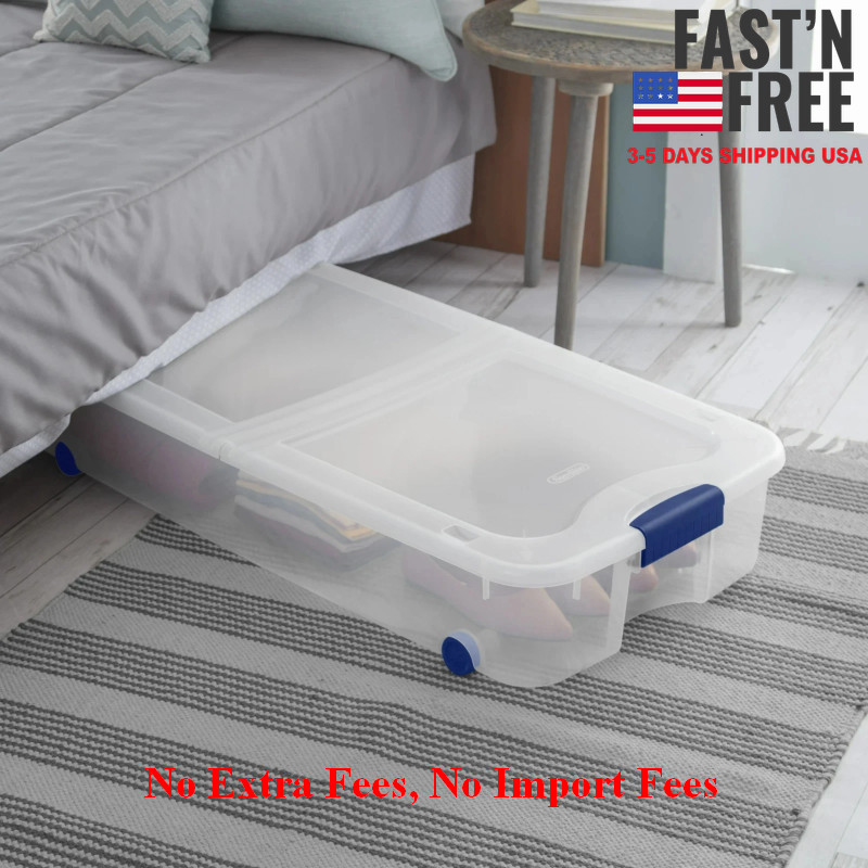 (2 pack) Sterilite Large Storage Bin 66Qt Clear Underbed Storage Container, Blue