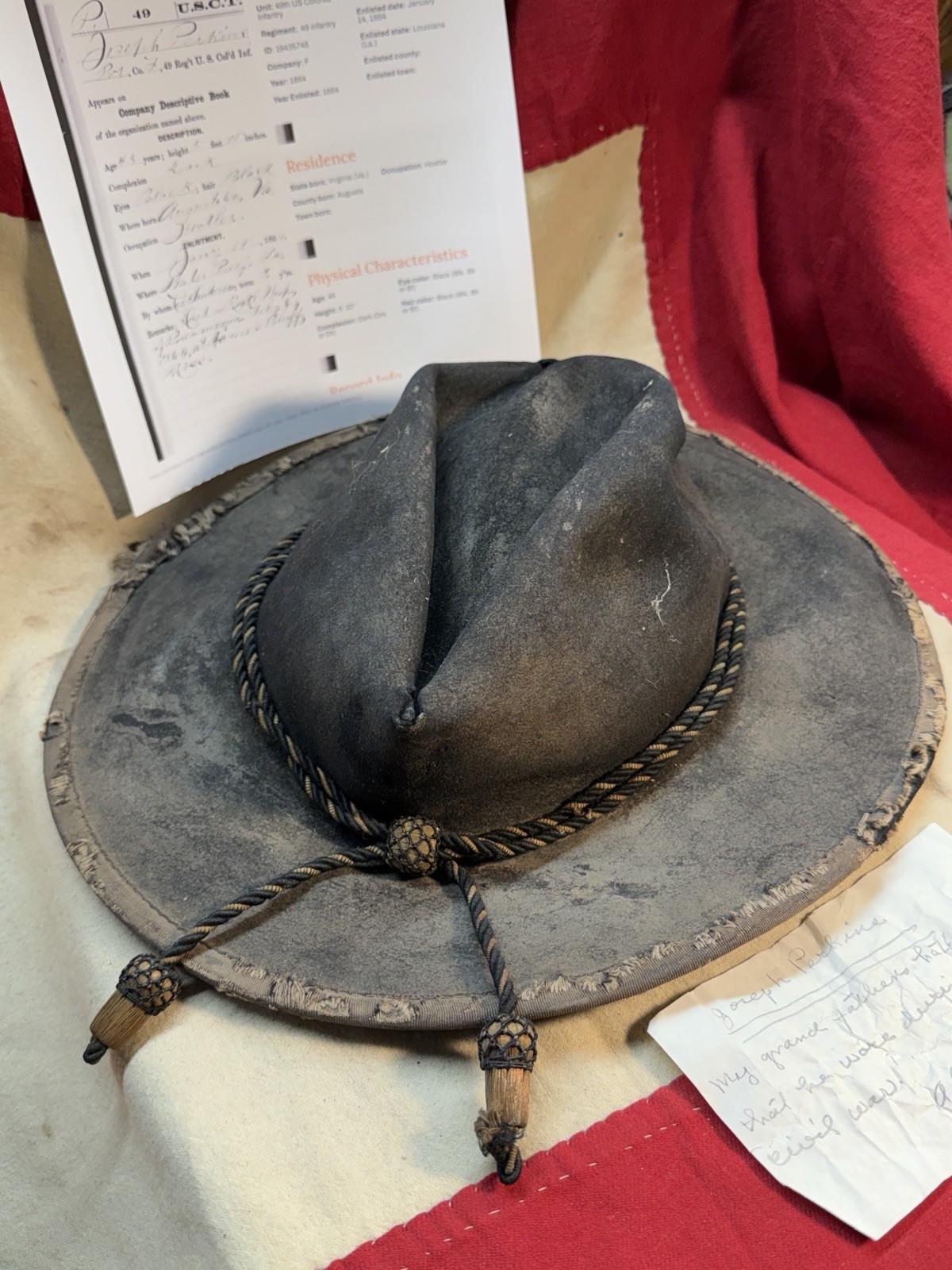 ID’D JOSEPH PERKINS CIVIL WAR 49TH COLORED TROOPS SLOUCH HAT CAP KEPI WITH PROV.