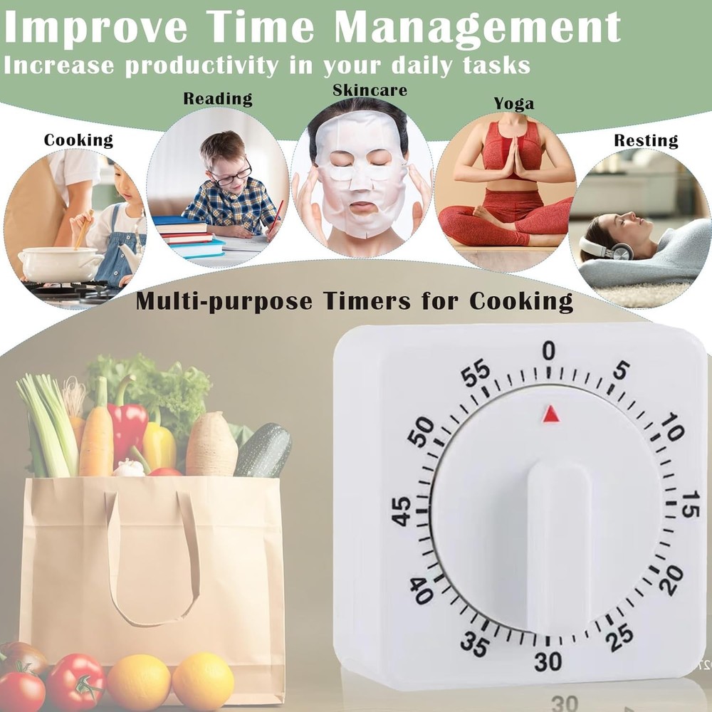 1/2x Square 60 Minute Mechanical Kitchen Cooking Timer Clock for Home & Study