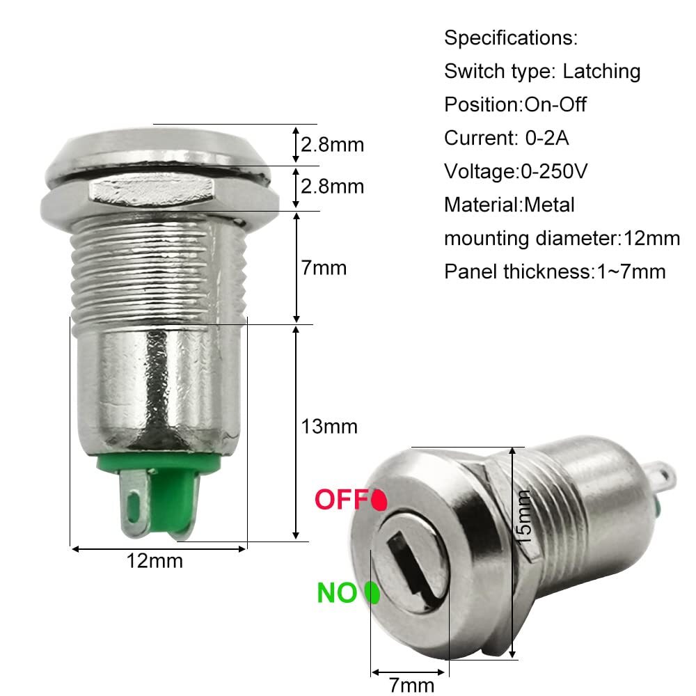 12mm On/Off Metal Key Lock Switch Maintained Latching Key Switch 5 Pack
