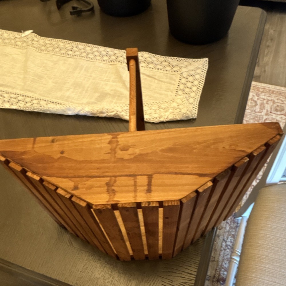 Handcrafted Wood Rectangular Slatted Basket with Handle Rustic Brown Indoor