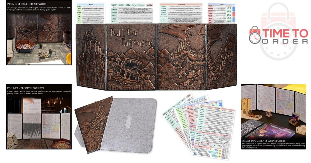 Faux Leather Dungeon Master Screen Embossed Dragon Mimic Four-Panel with Pockets