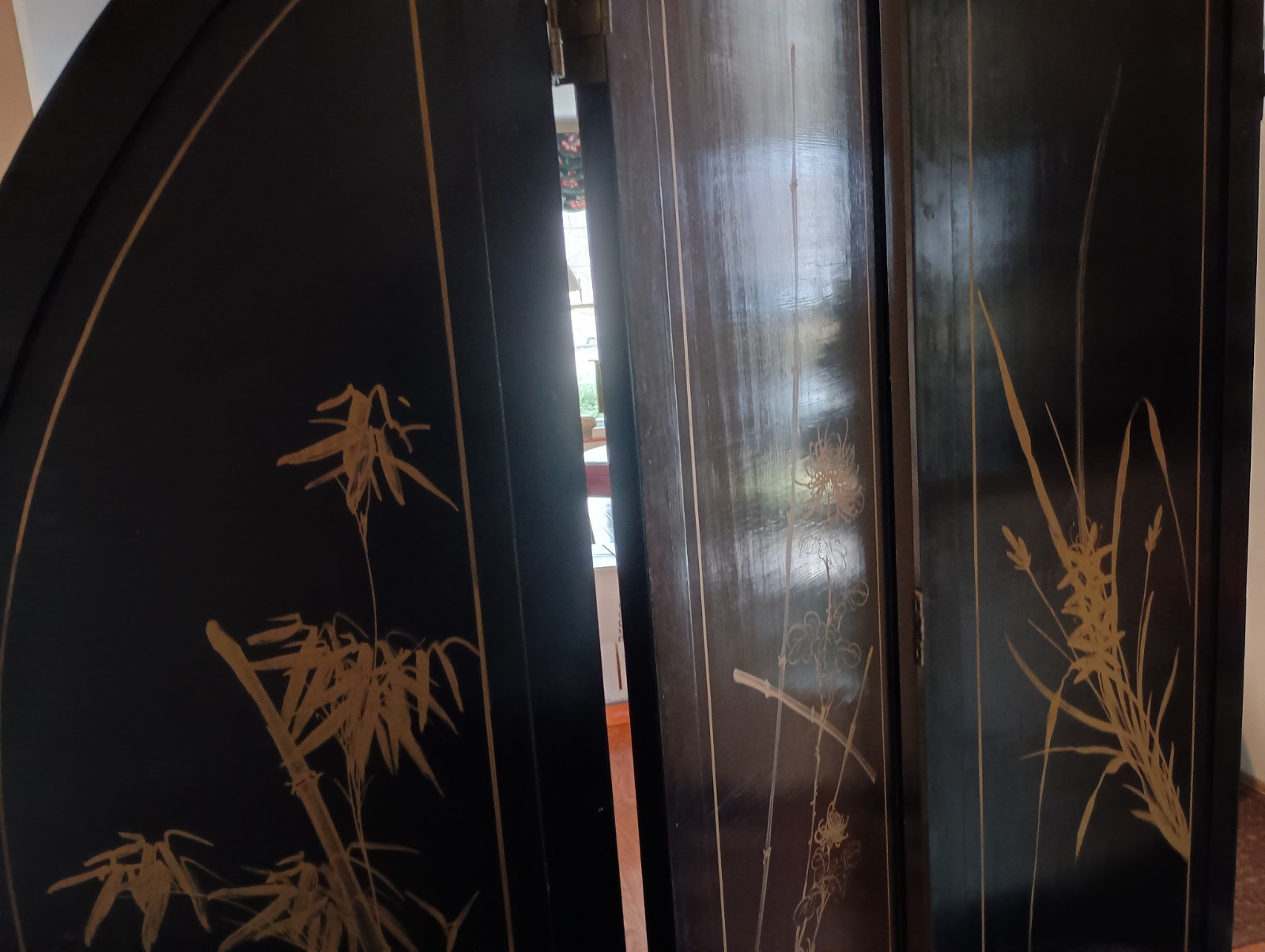 Lovely Asian Lacquered Wood Room Divider, 72" Tall, Mother Of Pearl & Hardstone