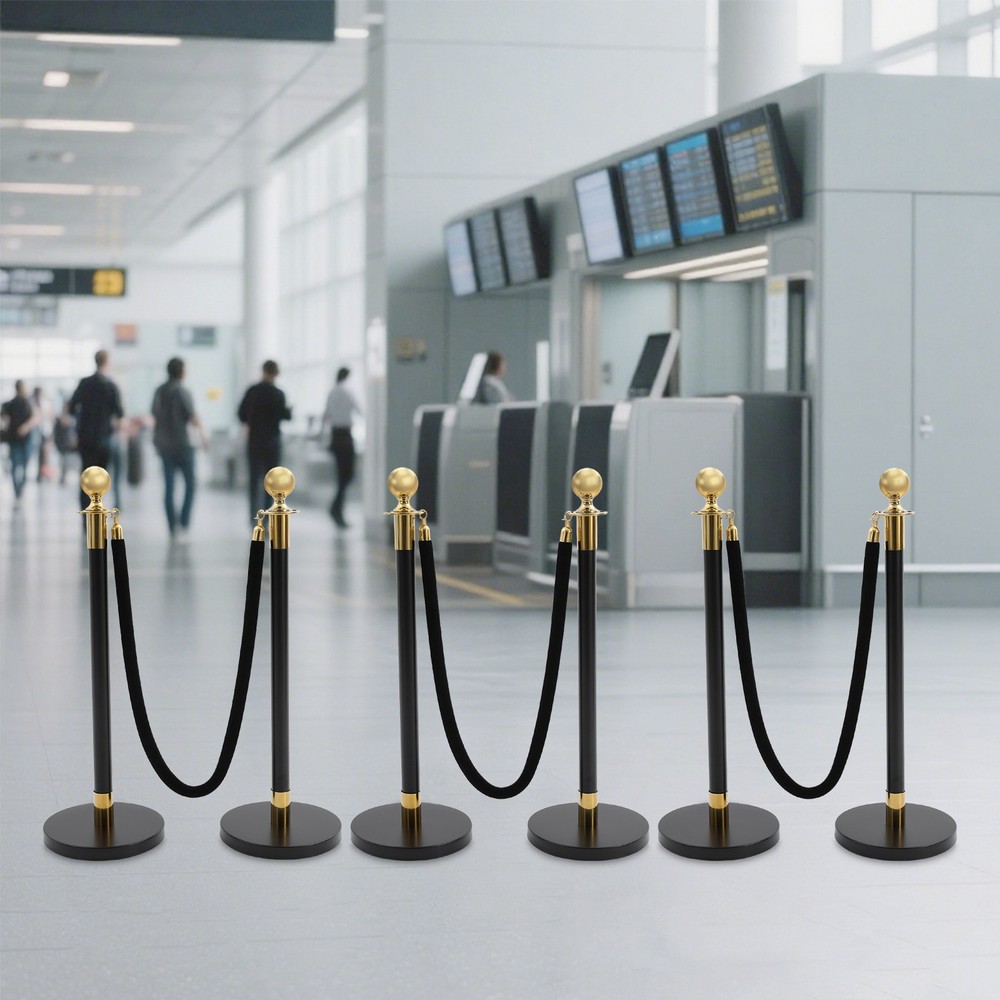 6 PCS Black Stainless Stanchion Posts w/ 4 Ropes Crowd Control Queue Barrier