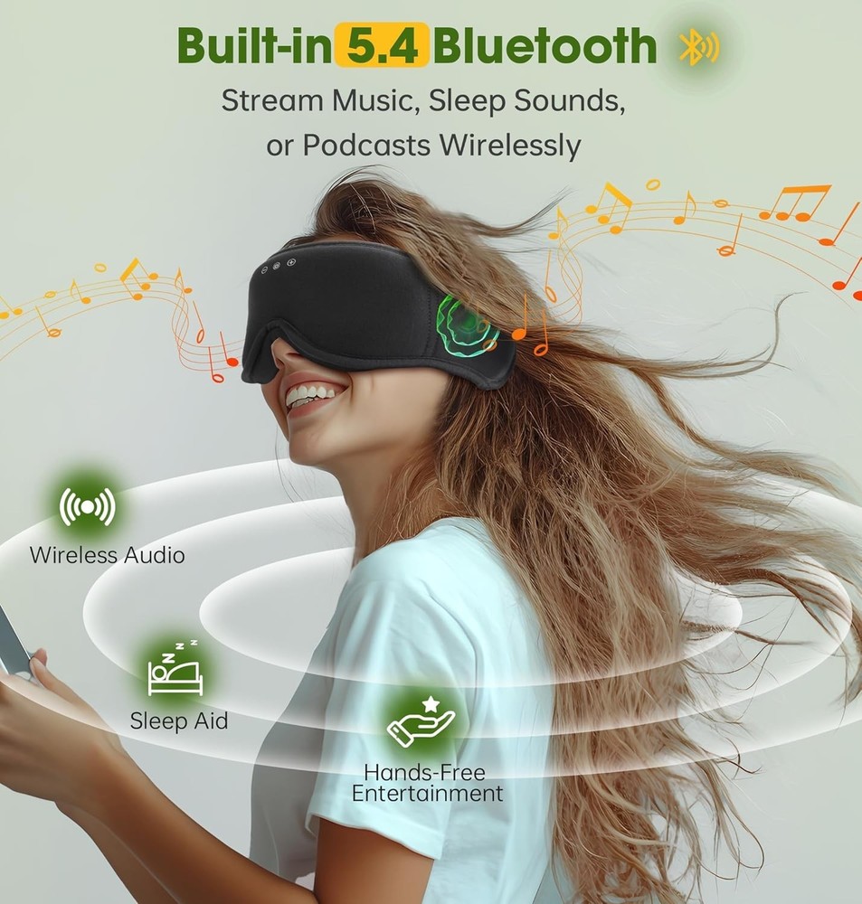 Black BambooCotton Bluetooth Sleep Mask - Hypoallergenic & Light Blocking Design