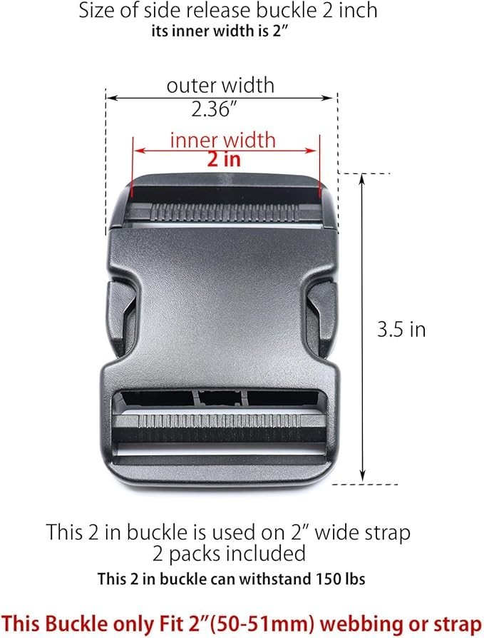 2 Inch Adjustable Plastic Side Release Buckles Heavy Duty 2 Sets Black Strap