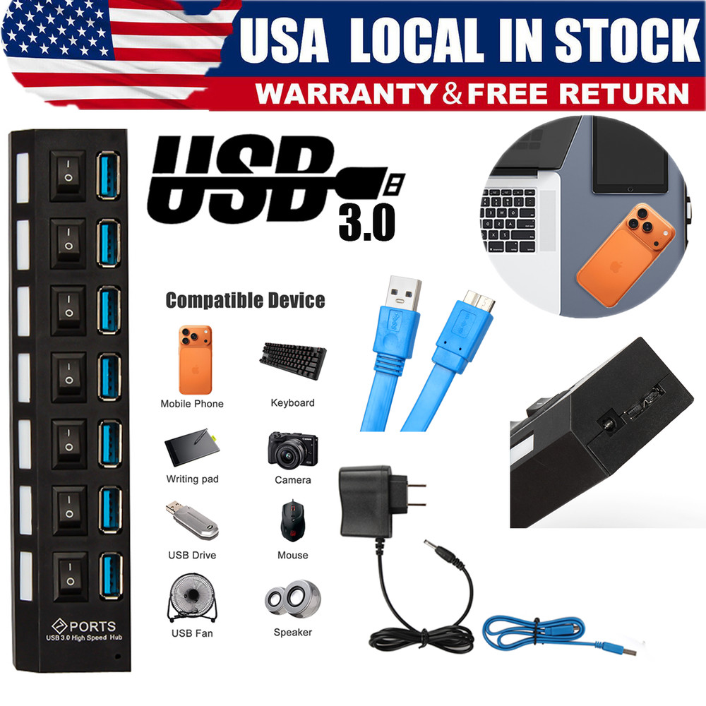 7 Port USB 3.0 Powered Hub Switch Splitter for PC Laptop Desktop Computer