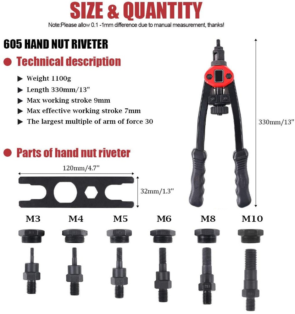 180PC Rivet Gun Nut Kit Rivnut Setting Tools NutSert Tool Hand Blind Riveter 13"