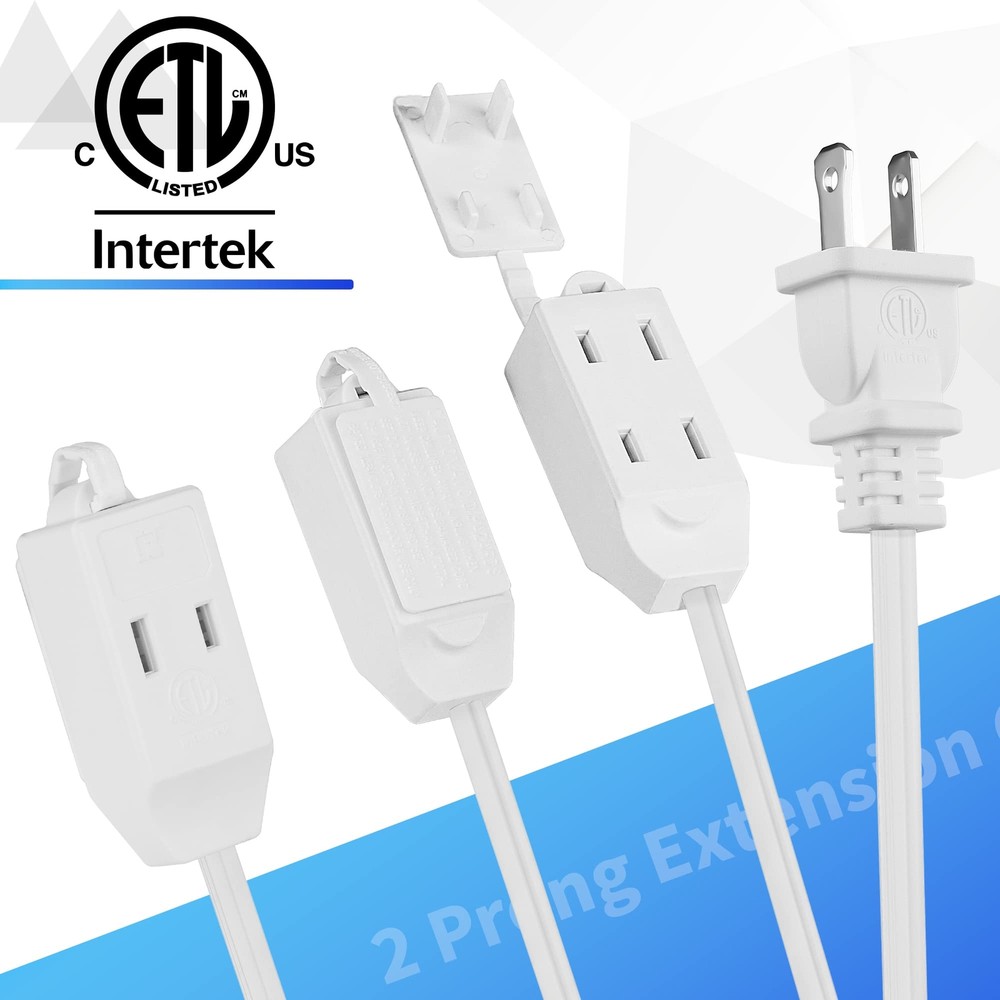 2 Prong Extension Cable 25 FT Extra Long Power Cord with 3 Outlets Flat Multi...