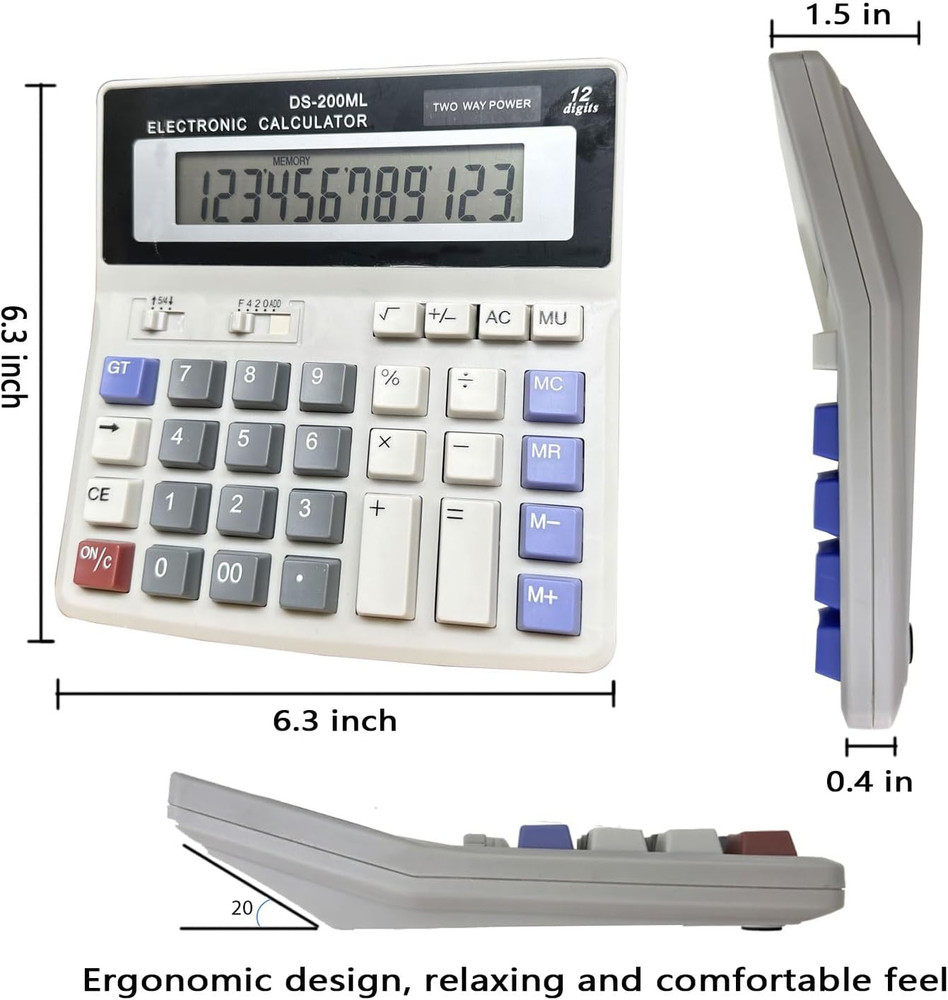 Desk Calculator Large 12 Digit Display, Dual Power Basic Calculator Desktop, Big
