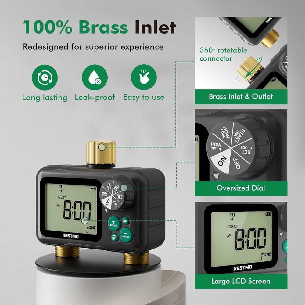 Remote Control Brass Sprinkler Timer 2 Zone - Max 11h59m Watering Precision